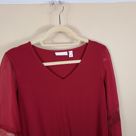 4/$25 Susan Graver Red Crochet Sleeve Blouse S - Picture 5 of 10